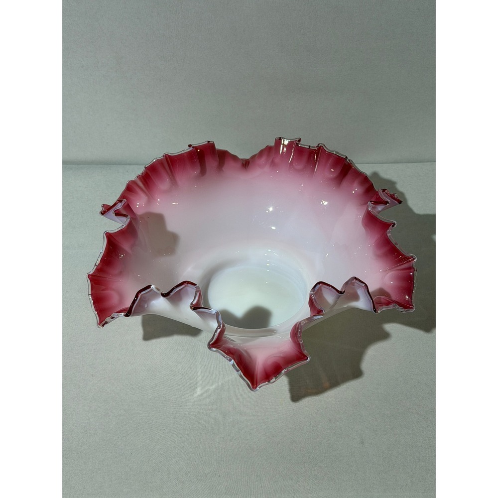 Vintage Fenton Peach Crest Double Crimped Glass in Pink and White 11"‎ Bowl